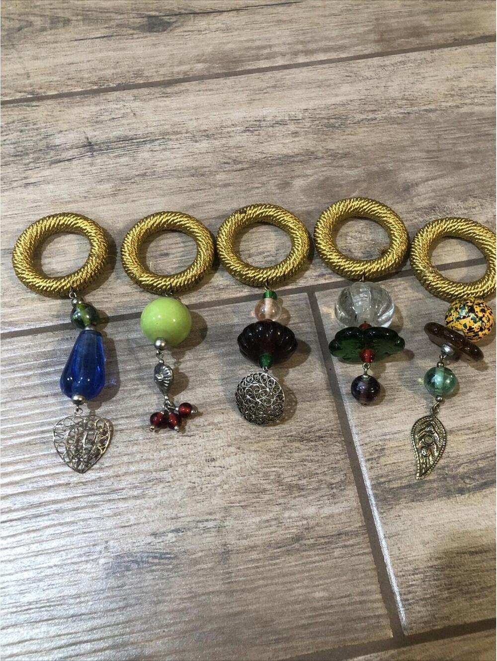Vtg Set of 5 Two's Company Napkin Rings Gold Corded Beads Metal Accents